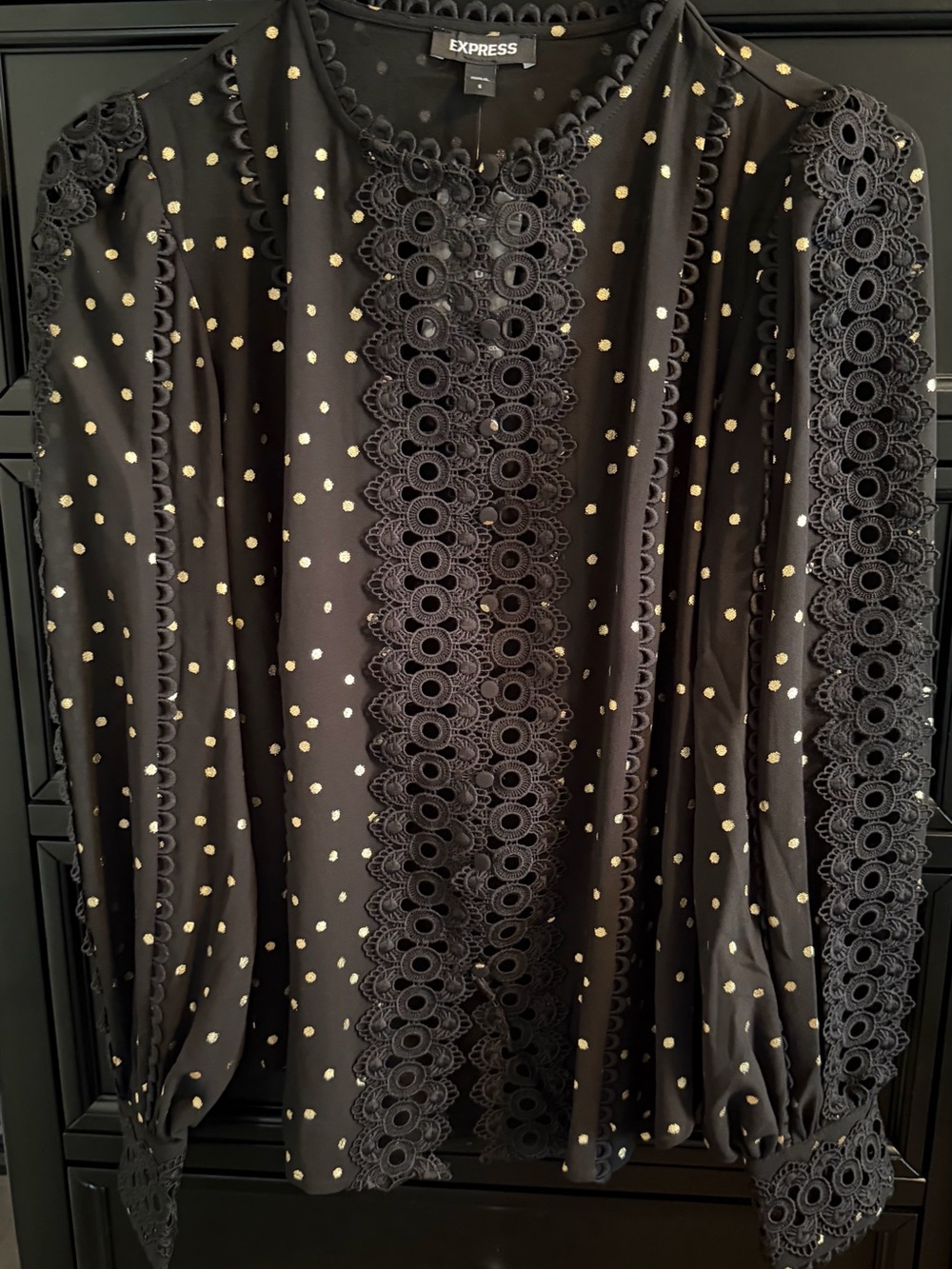 Express Black Long Sleeve Dress with Gold Polka Dots and Lace Trim